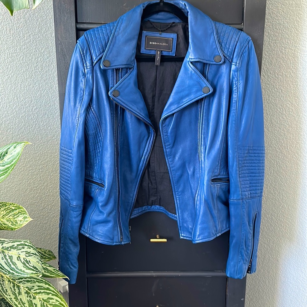 BCBGMAXAZRIA Cobalt Blue Real 100% Leather Moto Jacket Women Size L